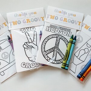 May include: Four thank you cards with colouring pages and crayons. The cards have a groovy theme with the text "Two Groovy" and "Happy Birthday Hudson". The colouring pages feature a peace sign, a hand making the peace sign, a lava lamp, and a vintage van.