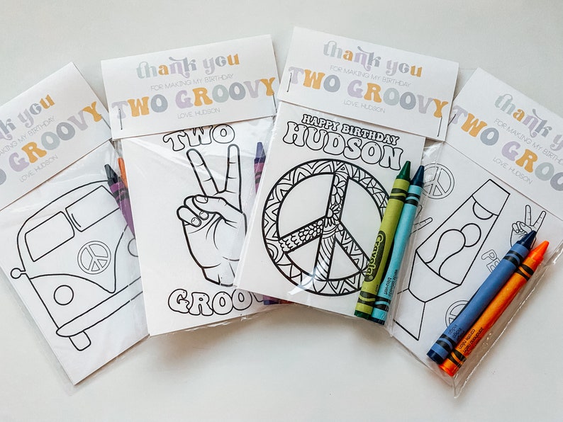May include: Four thank you cards with colouring pages and crayons. The cards have a groovy theme with the text "Two Groovy" and "Happy Birthday Hudson". The colouring pages feature a peace sign, a hand making the peace sign, a lava lamp, and a vintage van.