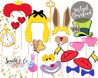 Accessori per photo booth a tema Alice nel Paese delle Meraviglie, download digitale immediato per feste a tema fiabesco.