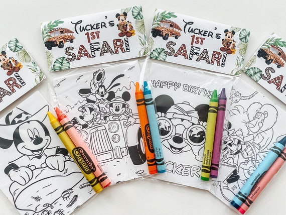 Mickey Safari Party Favor, Safari Mickey Kids Mini Coloring Sheet with crayons party favor, Custom Mickey party favor, kids party favor