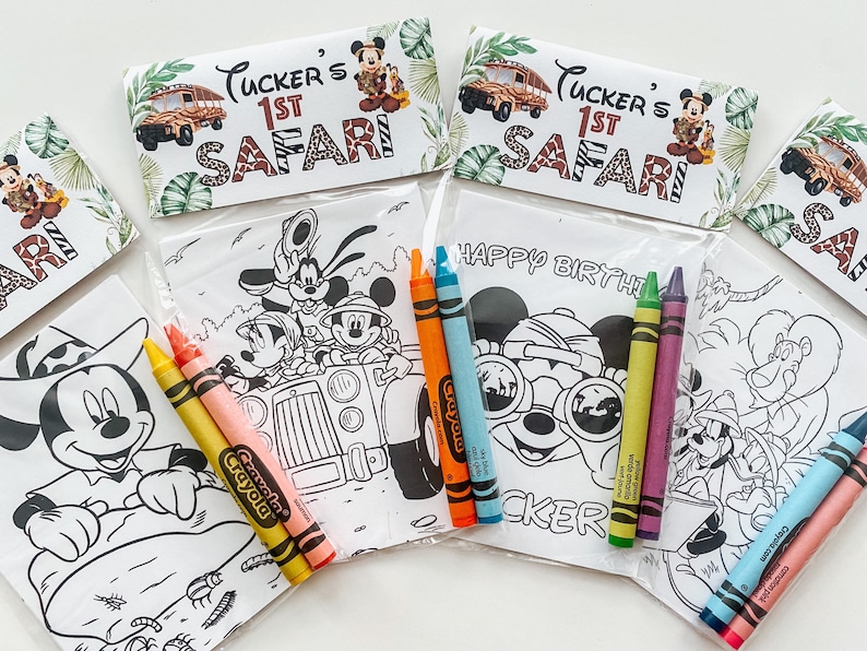 Mickey Safari Party Favor, Safari Mickey Kids Mini Coloring Sheet with crayons party favor, Custom Mickey party favor, kids party favor bild 1