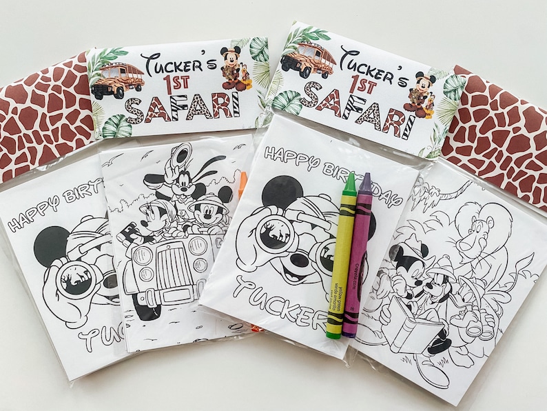Mickey Safari Party Favor, Safari Mickey Kids Mini Coloring Sheet with crayons party favor, Custom Mickey party favor, kids party favor bild 2