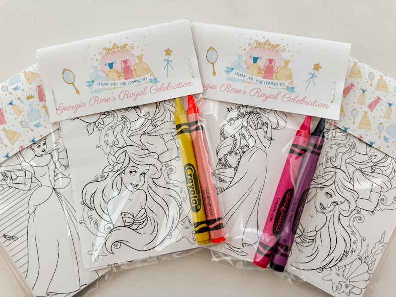 Princess Party Favors, Custom Princess Party Favor Mini Coloring Sheets & Crayon, Princess Party Guest Gift, Princess Coloring party gift image 3
