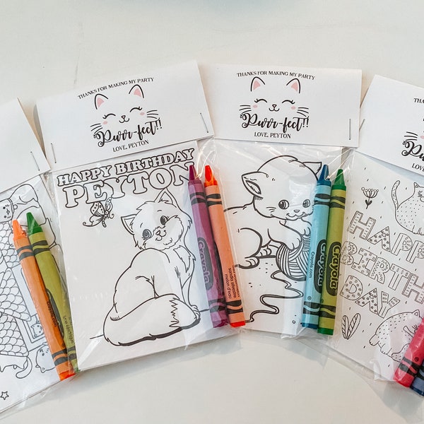 Kitty Party Favors, Cat Pawty Party Favor Mini Coloring Sheets & Crayons, Kitten Party Favor, Purrfect Kitten Birthday Party Favor