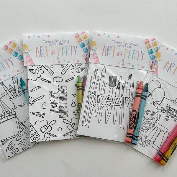 Art Birthday Party Favors, Party Favor Mini Coloring Sheets & Crayons, Art Party Favor, Rainbow Art Party Favor, Custom Art Party Favor