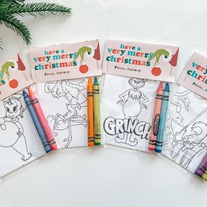 Christmas Coloring Page Favors, Crayola Crayons, Grinch Party