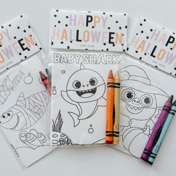 Shark Halloween Party Favor Mini Coloring Sheet with Crayons, Baby Shark party Class Favor, Boo Basket Filler, Boo Basket Party Favor