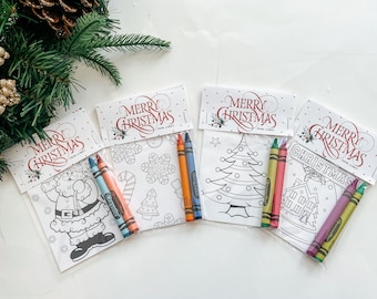 Classic Merry Christmas Party Favor Mini Coloring Sheet with Crayons, Holiday Party Favor, Christmas Class Party Favor