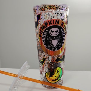 Pumpkin King Halloween Jack Skellington Inspired Snow Globe 24 oz glitter plastic tumbler cup