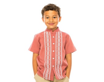 unik Premium Quality Boys Guayabera Diamond Pattern Shirts , Short Sleeves, Button Down, Detailed Embroidery Sizes 4-14