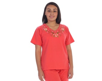 unik WS08 - Conjunto de blusa bordada de manga corta y capri a juego para mujer