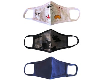 Kids Face Mask, 2-Layer Cotton, Animal, Camo, Navy, 3-Pack