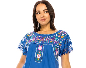 unik Blusa bordada con cordones mexicanos tradicionales de Puebla talla S-3XL MT802