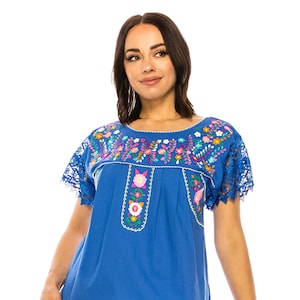 unik Women Traditional Puebla Mexican Laced Embroidered Blouse Size S-3XL MT802