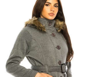 unik Women Fleece Coat with Fur Hood and Detachable Belt