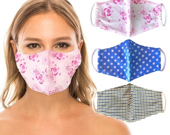 Pack of 3 cloth Face  Mask, Cotton and Cotton Blend, 2 layers, Stylish, Washable, Reusable, Pink Daisy/Blue Polka/Green Plaid- Multi Pack