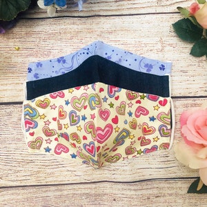 Pack of 3 cloth Face  Mask, Cotton, 2 layers, Washable, Reusable, non-medical Face Covering PurpleClover/Denim/Hearts- Multi Pack