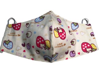 Face Mask, 2 layers, 100% Cotton, Designer Strawberry, Washable, Reusable Mask, non-medical Face Covering