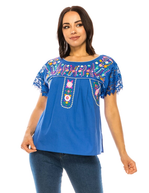 Unik Women Traditional Puebla Mexican Laced Embroidered Blouse - Etsy
