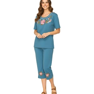 unik Damen Kurzarm bestickte Bluse und Passendes Capri Set WS18