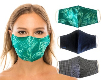 Pack of 3 cloth Face  Mask, Cotton, 2 layers, Stylish, Washable, Reusable, Green Leaf/Denim/BlackGingham