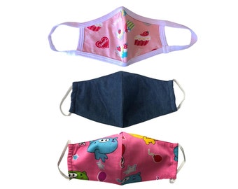 Kids Cloth Face Mask, Pack of 3, Cotton, 2 layers, Washable, Reusable Mask, Children's Multi Pack Face Mask Dark PinkCupcake/Denim/Piggy