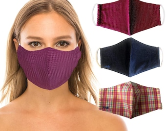 Cotton Blend Face Mask, Burgundy Dots, Denim, Rose Plaid, Pack of 3