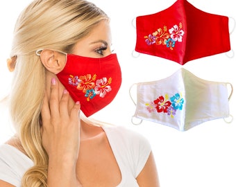 unik Cloth Face Covering with Hawaiian Hibiscus Flowers Embroidered, Filter Pocket,2 Pack, Washable and Reusable Large Size (White & Red)