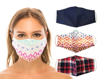 Pack of 3 cloth Face  Mask, Cotton, 2 layers, Stylish, Washable, Reusable, Pink Diamond/Denim/ Red Tartan