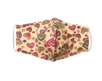 Beige Hearts Cotton Face Mask, Adult Size, Reusable, Washable
