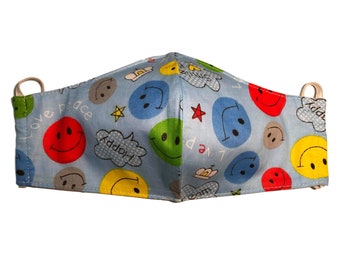 Face Mask, 2 layers, 100% Cotton, Designer Happy Face, Washable, Reusable Mask, Unisex, non-medical Face Covering