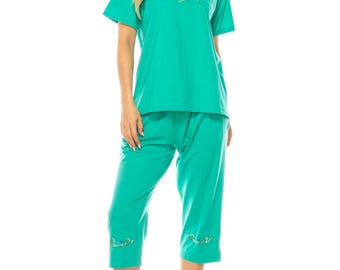 unik Damen Kurzarm bestickte Bluse und Passendes Capri Set WS17