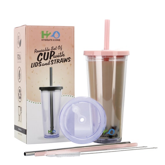 Reusable Iced Coffee Cup With Lid And Straw,Double Wall Clear Tumblers,  Bubble Tea Cup, Smoothie Cup, Leakproof Plastic Coffee Cups 