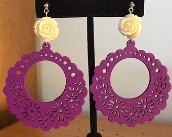 Rose, purple wood hoop earrings