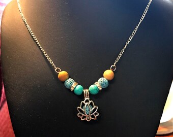 Lotus flower necklace with gemstone and oil diffuser beads