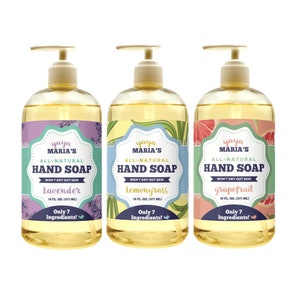 May include: Three clear plastic bottles of hand soap with colorful labels. The labels feature a floral design and the text "yaya MARIA'S ALL-NATURAL HAND SOAP WON'T DRY OUT SKIN" with a different scent listed below each label: lavender, lemongrass, and grapefruit. Each label also states "Only 7 Ingredients!" and the volume of the soap is 16 fl. oz. (473 ml).