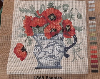 Needlepoint / tapestry canvas - as new - vase of poppies - 12 x 12 inches