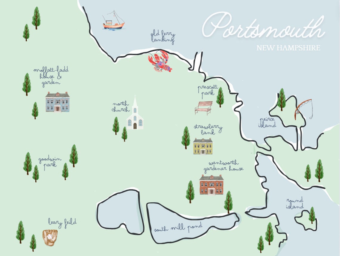 Portsmouth, New Hampshire Map Illustration-landmark Poster