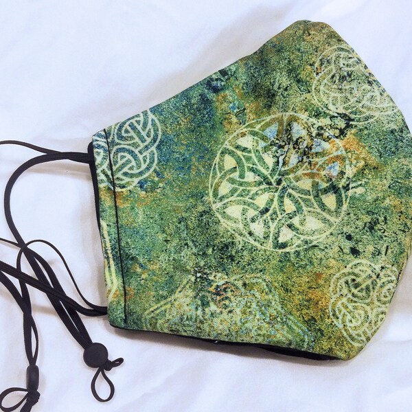 4-Layer Celtic Irish Face Mask. 1000-Thread Cotton. Polyester or Silk Chiffon. Nose Wire. Adjustable Ear Loops. Filter Pocket Option.