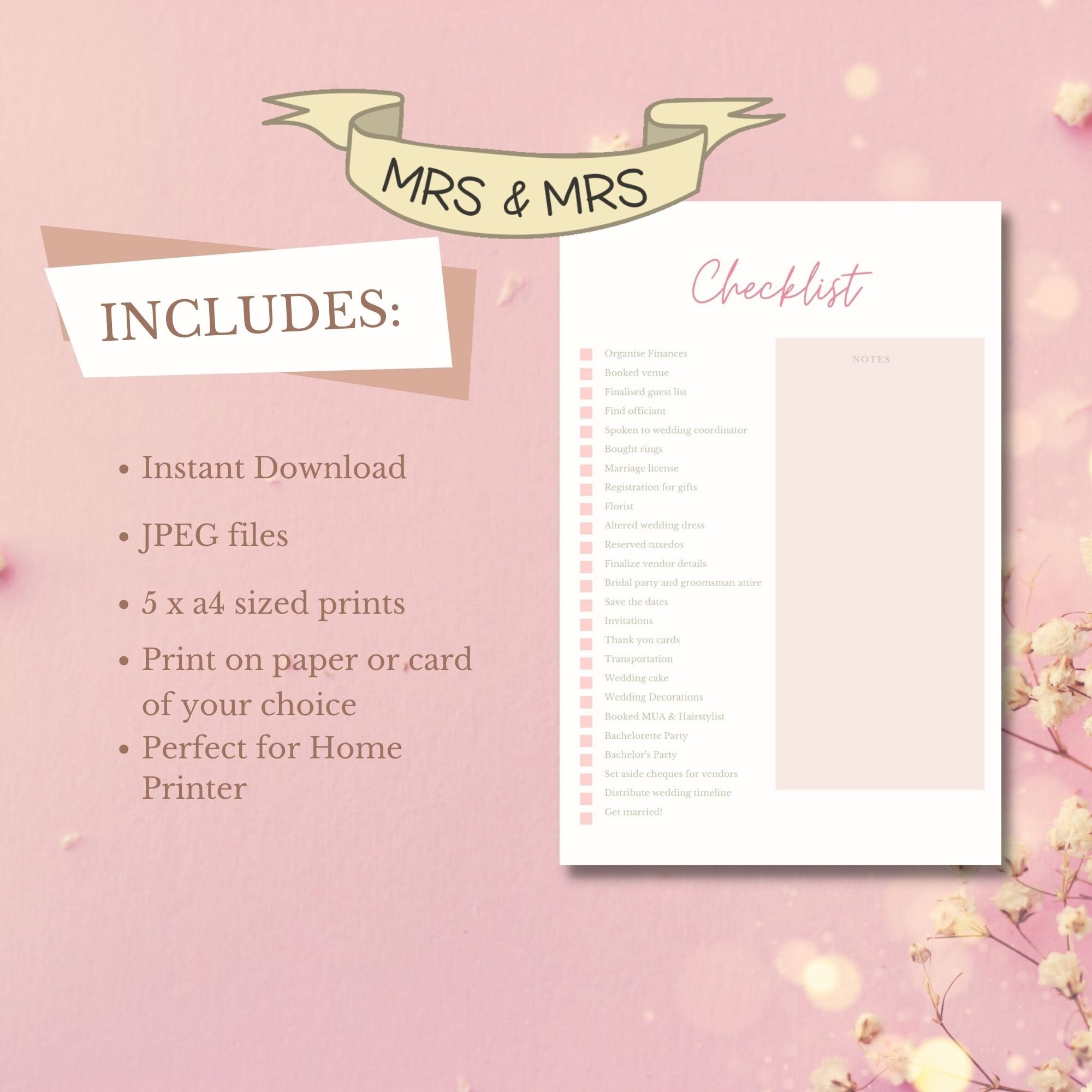 Wedding Planner Checklist &amp; Bridal Notes, Printable, Instantly Downloadable - Etsy UK