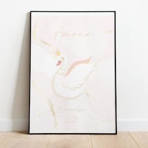 Cadeau de naissance, Affiche - Bébé - Naissance Cygne Rose - Poster - Chambre enfant