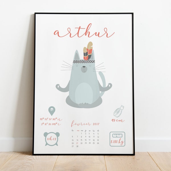 Affiche Chat Indien - Cadeau de naissance - Affiche enfant - Naissance  - Cadre enfant - Poster enfant - Chambre enfant