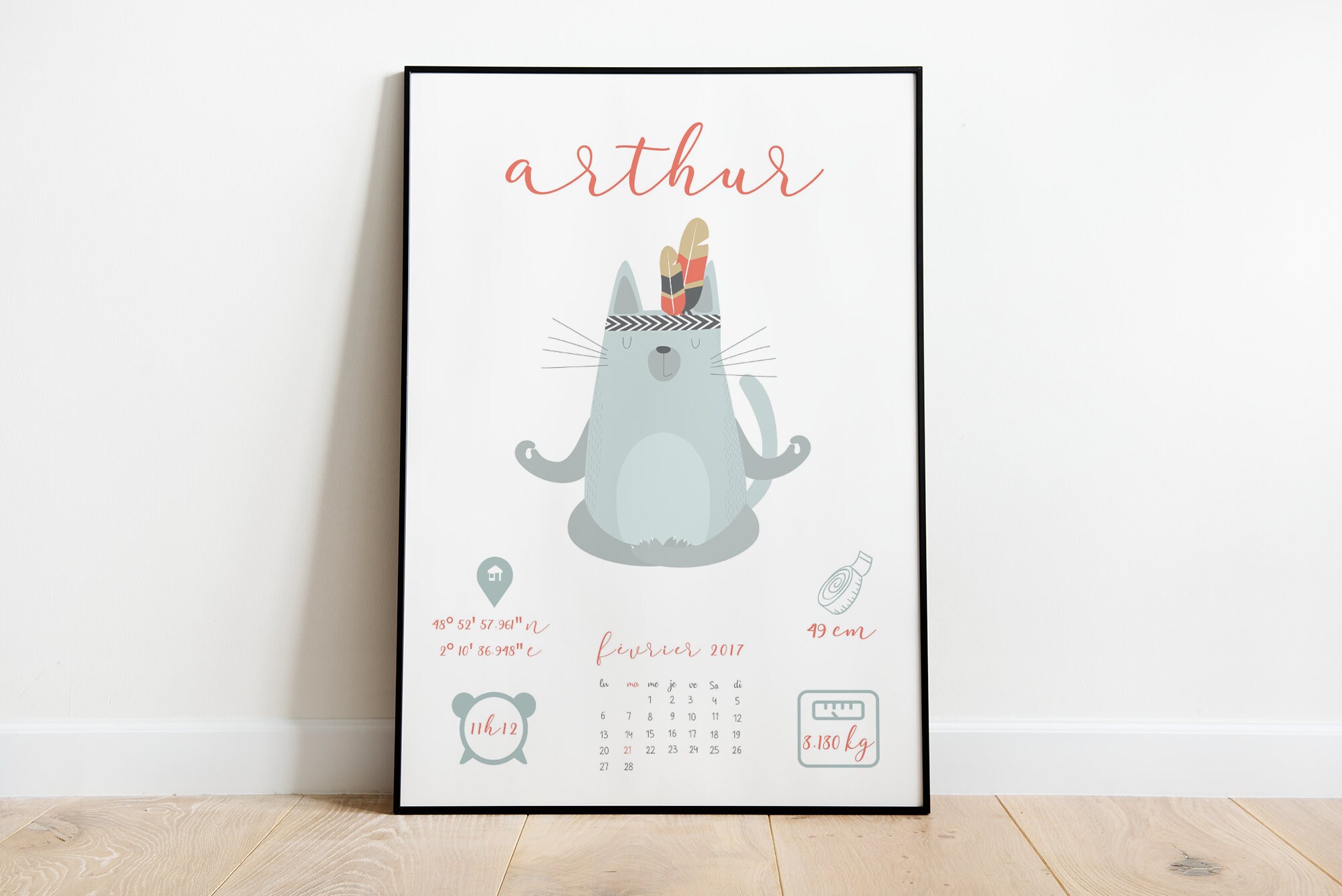 Affiche Enfant - Chat Indien Naissance Cadre Poster Chambre Enfant