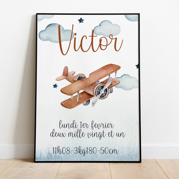 Affiche - Bébé - Avion - Naissance - Décoration Chambre