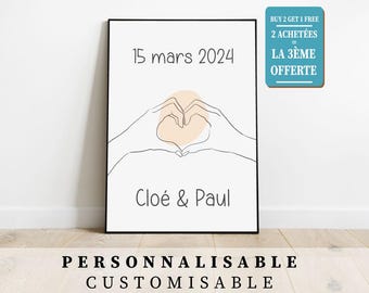 ギフト ミーティング日または結婚式の日付を入れたパーソナライズされたカップル ポスター。バレンタインデーのカップルギフト