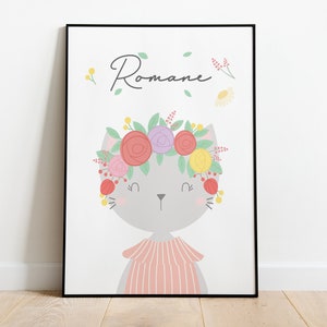 Póster infantil - Gato con corona de flores - Nacimiento - Marco infantil - Póster infantil - Habitación infantil