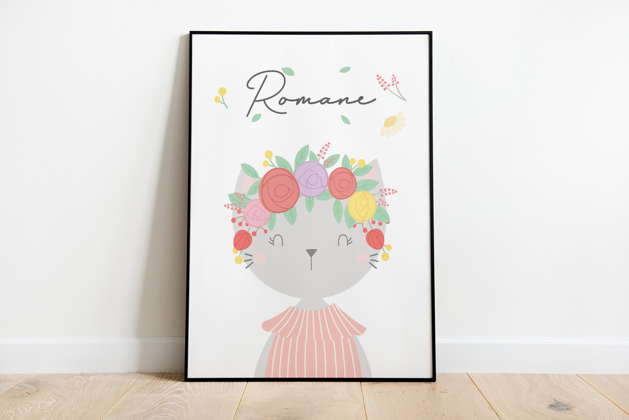 Affiche Enfant - Chat Couronne de Fleurs Naissance Cadre Poster Chambre Enfant