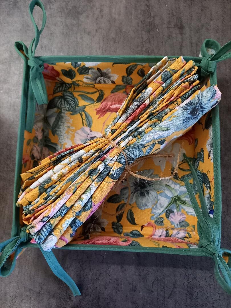 Panière à Pain - Bread Basket + 6 Serviettes de Table Flamant Rose et Hibiscus/Fleurs