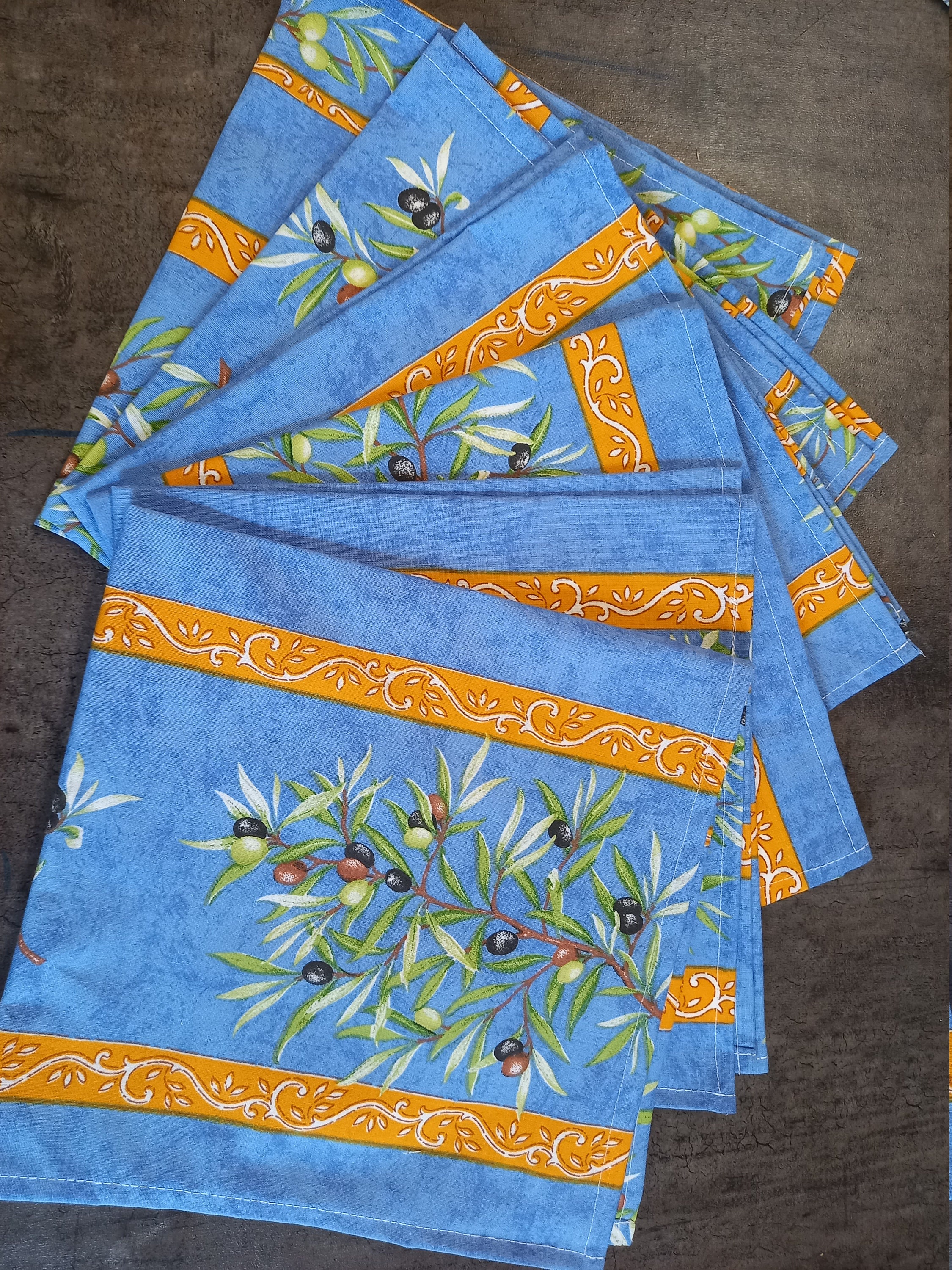 6 Serviettes de Table Coton Clos Des Oliviers Olives Coloris Bleu