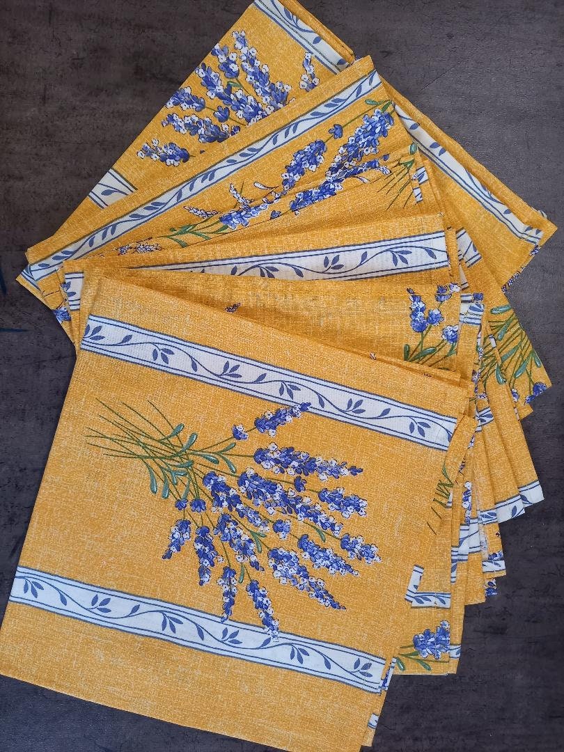 6 Serviettes de Table Coton Motif Lavande Valensole Jaune